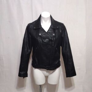 Elodie Black Faux Leather Moto Jacket Full Zip Belted Waist Biker Style Medium